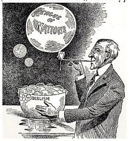 1919 m. karikatūra „Burbulų pūtimas“: V. Vilsonas iš dubens „Idealism“ pučia burbulą „League of Nations“