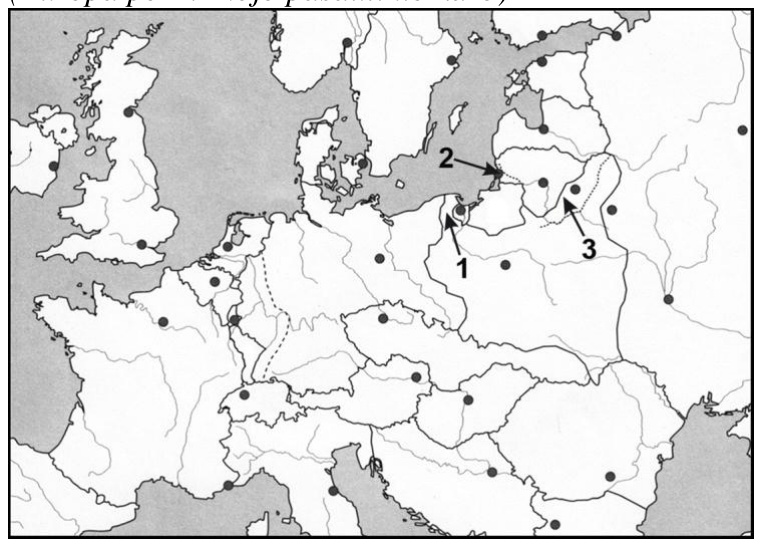 Žemėlapis: Europa po Pirmojo pasaulinio karo, skaičiais 1, 2 ir 3 pažymėtos vietos prie Baltijos jūros