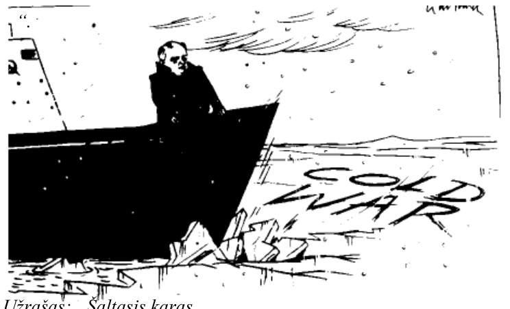 Karikatūra: M. Gorbačiovas valtimi plaukia tarp ledų, ant ledo užrašas „Cold War“