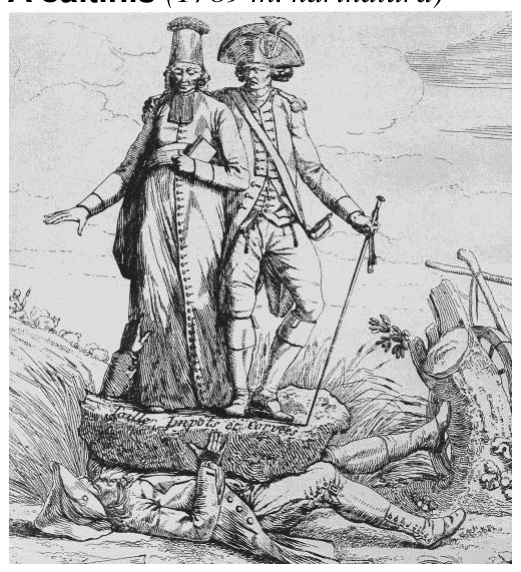 1789 m. karikatūra: dvasininkas ir bajoras stovi ant akmens, po kuriuo prispaustas valstietis