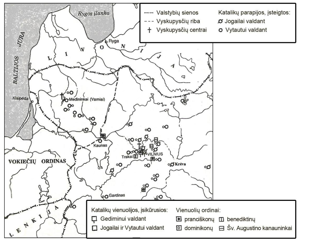 Žemėlapis: krikščionybės plitimas Lietuvoje XIV–XV a., legendoje vyskupysčių centrai, parapijos ir vienuolynai, įsteigti Jogailai ir Vytautui valdant