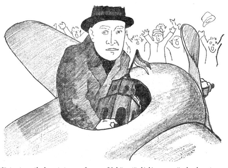 1939 m. karikatūra „Aviacijos gadynėj“: Juozas Urbšys lėktuve laiko Vilniaus katedros modelį, apačioje džiūgaujanti minia