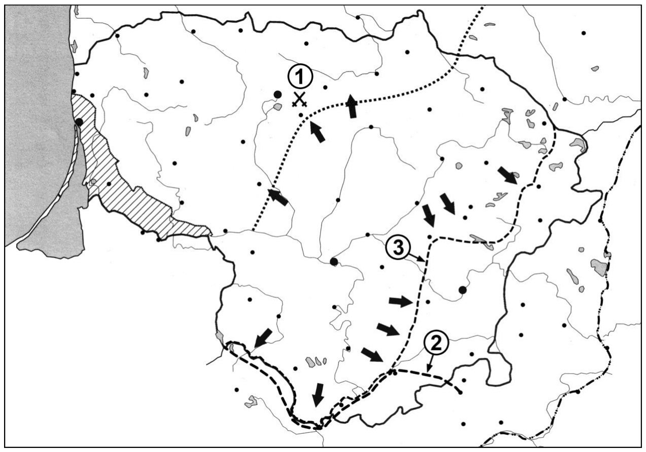 Žemėlapis: Lietuvos nepriklausomybės kovos 1919–1920 m., rodyklėmis pažymėti puolimai, skaičiais 1–3 pažymėtos vietos
