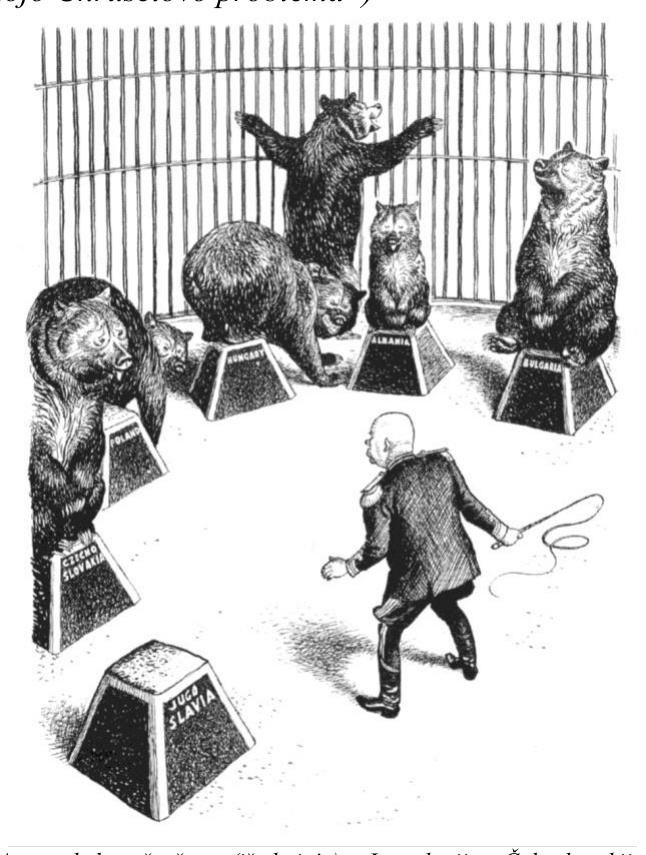 1956 m. karikatūra „Dresuotojo Chruščiovo problema“: Chruščiovas su botagu narve tarp lokių ant pakylų su šalių pavadinimais