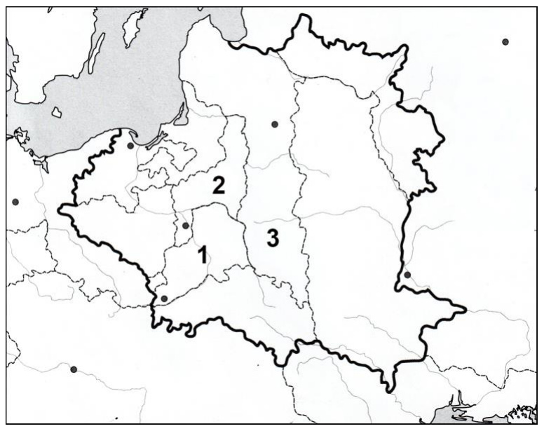 Žemėlapis: Abiejų Tautų Respublikos padalijimai, teritorijos pažymėtos skaičiais 1, 2 ir 3