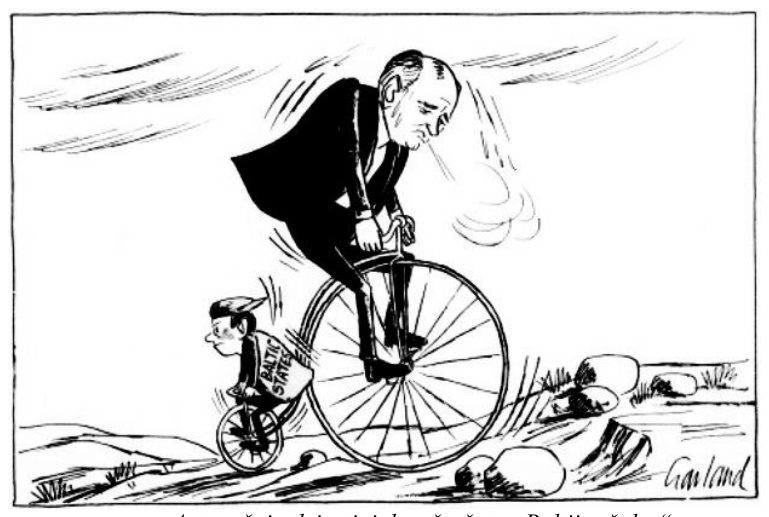 1989 m. karikatūra iš „The Independent“: Gorbačiovas mina senovinį dviratį, prie jo prikabintas mažas dviratukas „Baltijos šalys“