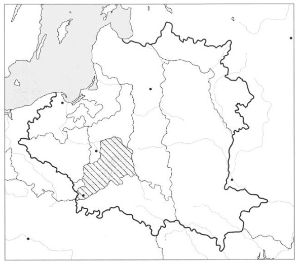 Abiejų Tautų Respublikos žemėlapis su užbrūkšniuota teritorija pietvakariuose