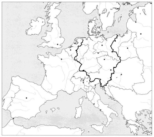Europos žemėlapis su storesne linija apibrėžta teritorija Vidurio Europoje