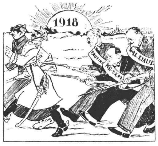 Karikatūra: vyrai su juostomis „Tautininkai“, „Krikščionys demokratai“, „Valstiečiai liaudininkai“ kartu traukia link saulės su užrašu „1918“