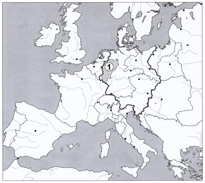 Europos žemėlapis su užbrūkšniuota ir skaičiumi 1 pažymėta teritorija prie Reino