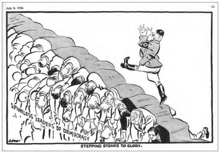 Karikatūra „Laiptai kelyje į šlovę“: Hitleris lipa laiptais, sudarytais iš nusilenkusių žmonių nugarų