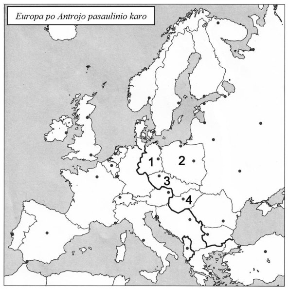 Europos po Antrojo pasaulinio karo žemėlapis su skaičiais 1-4 pažymėtomis valstybėmis