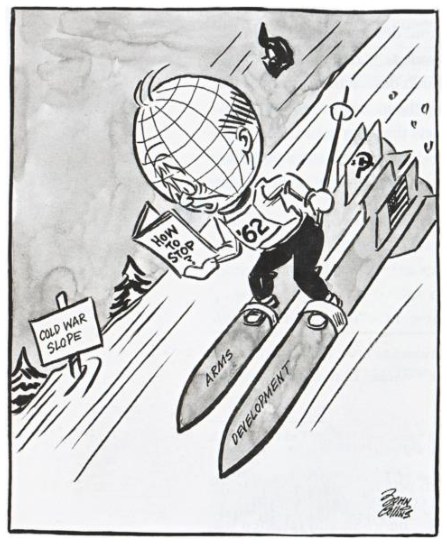 Karikatūra „Tarptautinės varžybos greitojo nusileidimo trasoje“: slidininkas su gaubliu ant nugaros lekia „Šaltojo karo trasa“, numeris 62