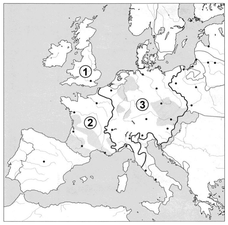 Žemėlapis: Europa XVI a., skaičiais 1, 2 ir 3 pažymėtos teritorijos