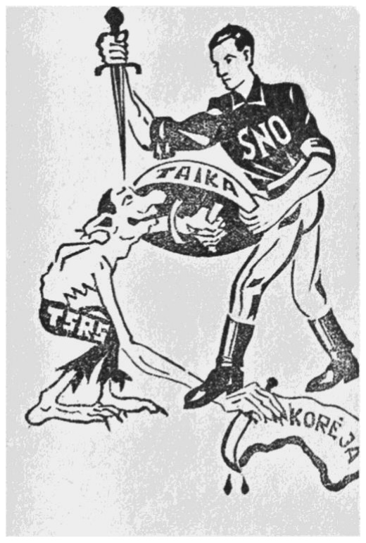 1951 m. partizanų spaudos karikatūra: SNO su kardu laiko skydą „Taika“, už kurio TSRS ranka siekia Korėjos