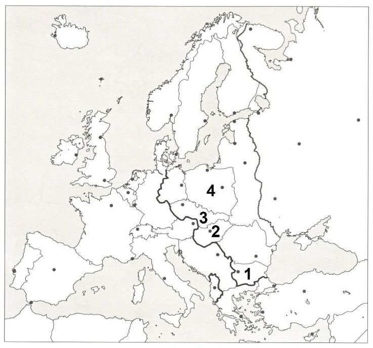 Europos žemėlapis su skaičiais 1-4 pažymėtomis Rytų Europos valstybėmis