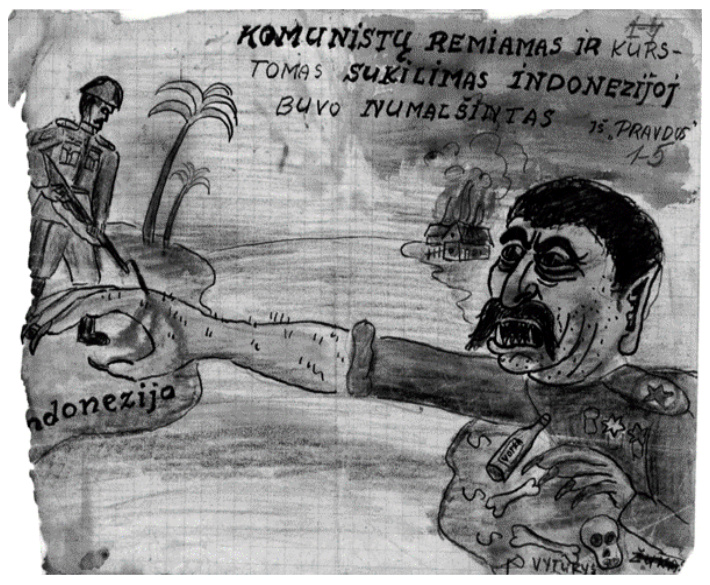 Dainavos apygardos partizanų karikatūra: Stalino ranka tiesiasi į Indoneziją, užrašas „Komunistų remiamas ir kurstomas sukilimas Indonezijoj buvo numalšintas“