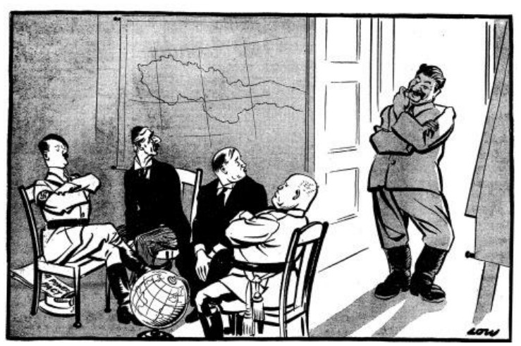 Karikatūra „Kodėl man nėra kėdės?“: keturi vyrai sėdi prie stalo po žemėlapiu, penktas stovi prie sienos be kėdės
