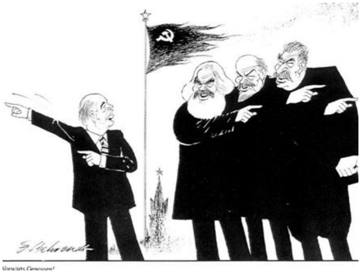 Karikatūra „Pirmyn, draugai“: Gorbačiovas rodo pirmyn, už jo Marksas, Engelsas ir Leninas rodo atgal