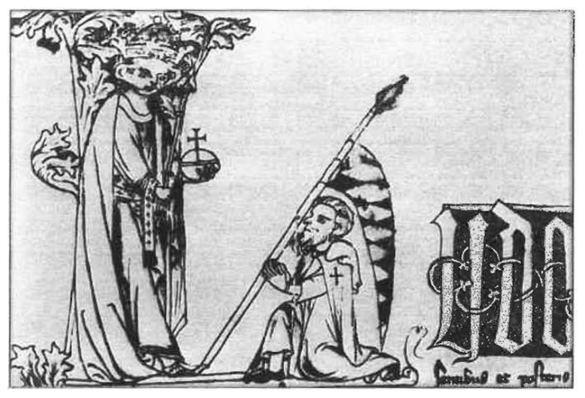Miniatiūra: imperatorius Liudvikas IV Bavaras įteikia dovanojimo raštą klūpančiam kryžiuočiui, 1337 m.