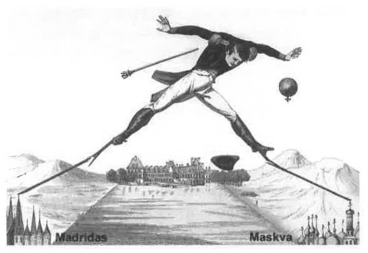 1814 m. karikatūra „Aukštai kilęs, žemai pulsi“: Napoleonas balansuoja ant virvės, ištemptos nuo Madrido iki Maskvos
