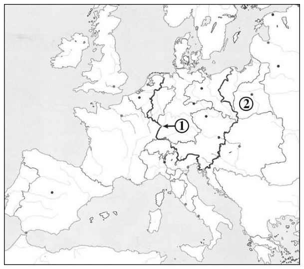 Žemėlapis: Europa po Vienos kongreso, linijomis pažymėti dariniai 1 ir 2