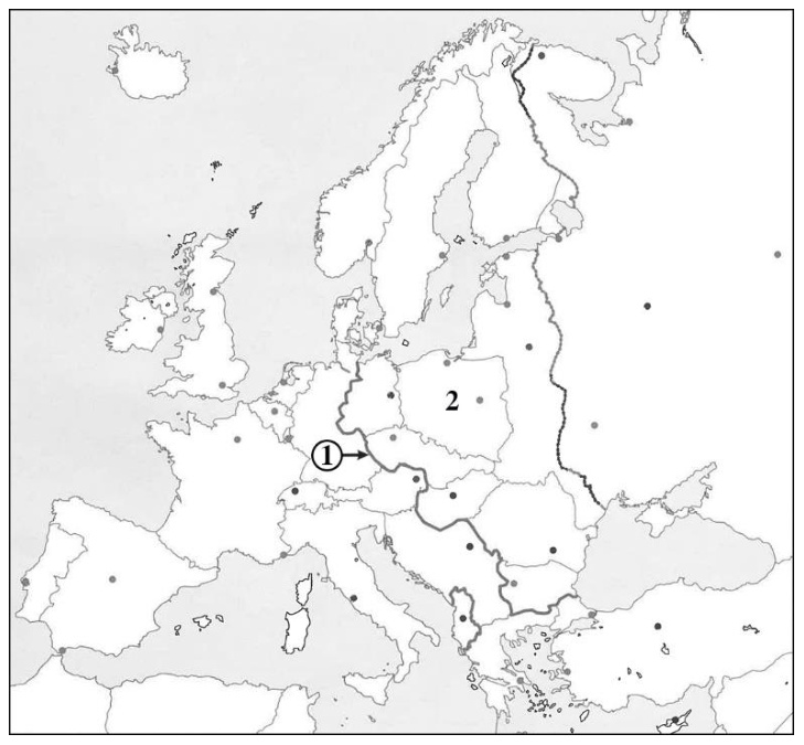 Žemėlapis: Europa po Antrojo pasaulinio karo, linija 1 ir valstybė 2