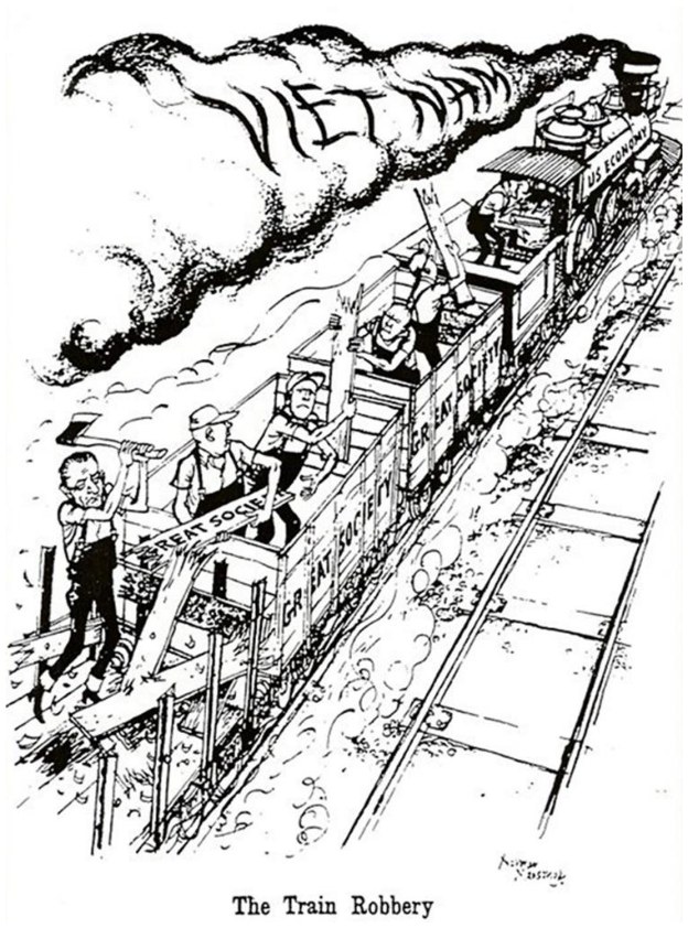 Karikatūra „Traukinio apiplėšimas“: garvežys su užrašu „JAV ekonomika“, dūmai „Vietnamas“, vagonai „Didžioji visuomenė“