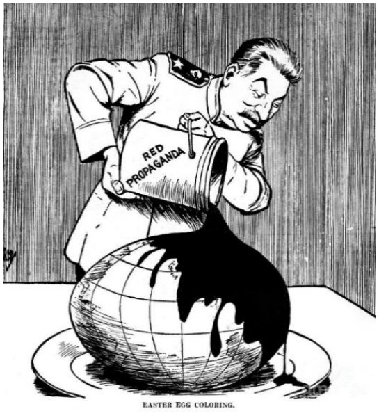 Karikatūra „Velykų kiaušinio dažymas“: Stalinas iš kibirėlio „Raudonoji propaganda“ pila dažus ant gaublio