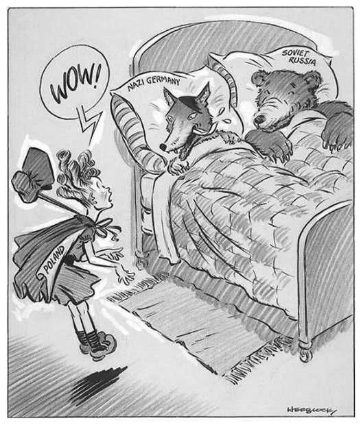 1939 m. amerikiečių karikatūra „Raudonkepuraitė“: Lenkija su pintine stebi lovoje gulinčius vilką (nacistinė Vokietija) ir mešką (Sovietų Rusija)