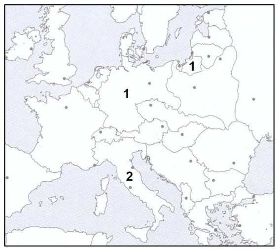Žemėlapis: Europa XX a. ketvirtajame dešimtmetyje, skaitmenimis 1 ir 2 pažymėtos valstybės
