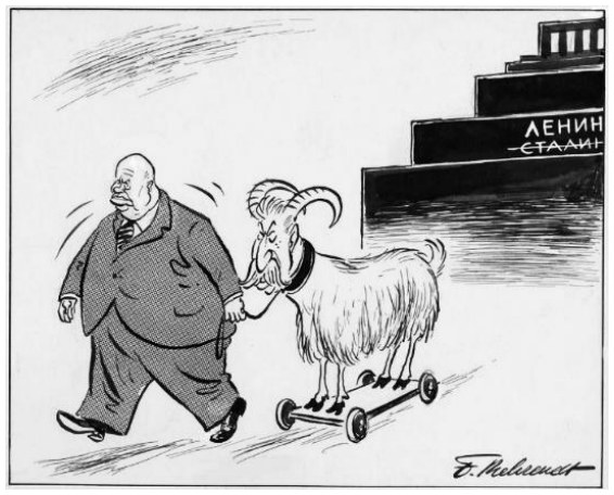 Karikatūra „Atpirkimo ožys“: Chruščiovas veda ožį su Stalino veidu nuo pastato su užrašais „Leninas“, „Stalinas“