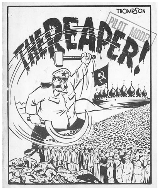 JAV karikatūra „The Reaper!“: Stalinas su pjautuvu ir kūju pjauna minią žmonių