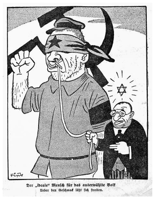 Vokietijoje išspausdinta karikatūra: užrištomis akimis raudonarmietis su kūju ir pjautuvu, jį už virvės veda žmogus su Dovydo žvaigžde; užrašas „Der ideale Mensch für das auserwählte Volk“