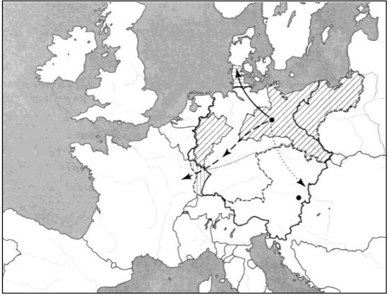 Vidurio Europos žemėlapis su užbrūkšniuota teritorija ir rodyklėmis