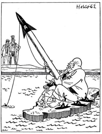 Karikatūra: du lyderiai laužo rankas sėdėdami ant raketų