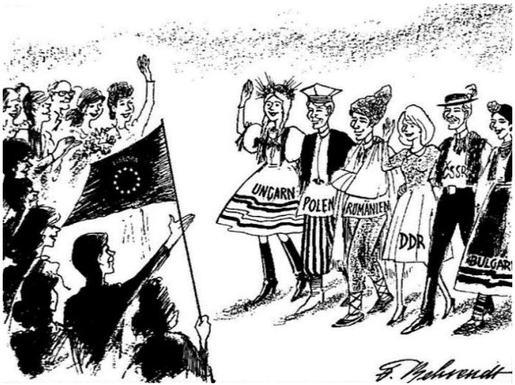 Karikatūra „Grįžimas į Europą“: minia su Europos vėliava sutinka žmones, ant kurių užrašyta Vengrija, Lenkija, Rumunija, VDR, ČSSR, Bulgarija