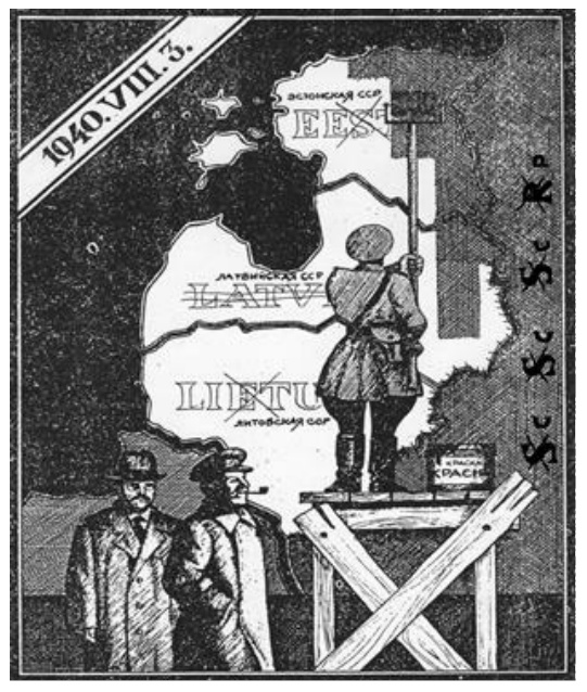 Karikatūra: kariškis perdažo Baltijos šalis, žiūri Stalinas ir Molotovas, data 1940.VIII.3