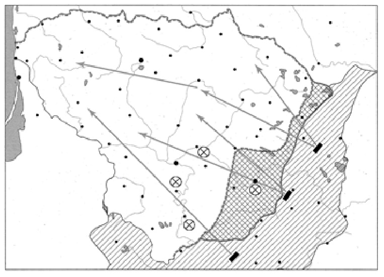 Žemėlapis: Lietuva 1939–1940 m. su sutartiniais ženklais 1–4