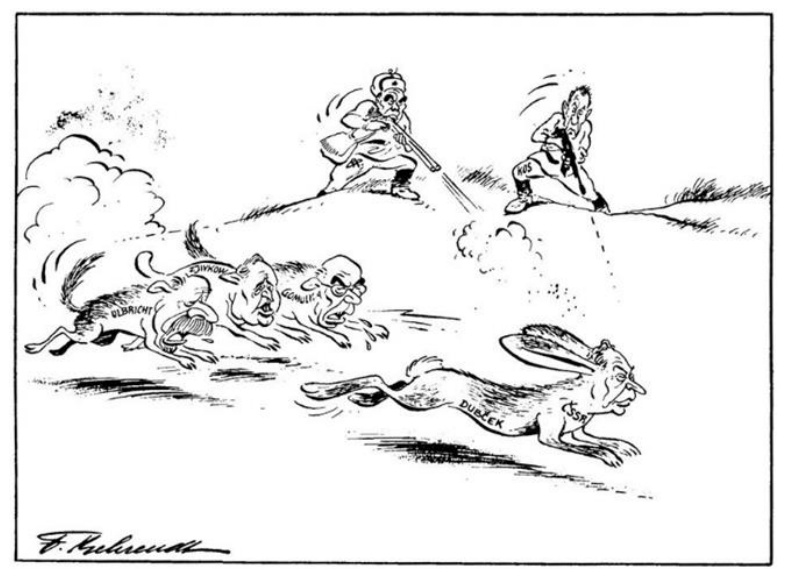 Karikatūra „Medžioklės sezonas prasidėjo“: medžiotojai su šunimis vejasi kiškį