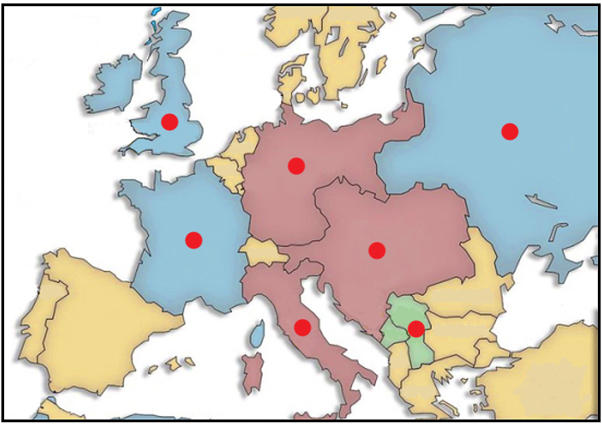 Europos žemėlapis su šešiais pažymėtais taškais