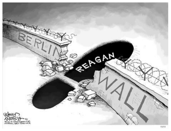 2009 m. amerikiečių karikatūra „Reigano pėdsakas“: Berlyno sienoje išmušta pėdsako formos skylė su užrašu „Reagan“