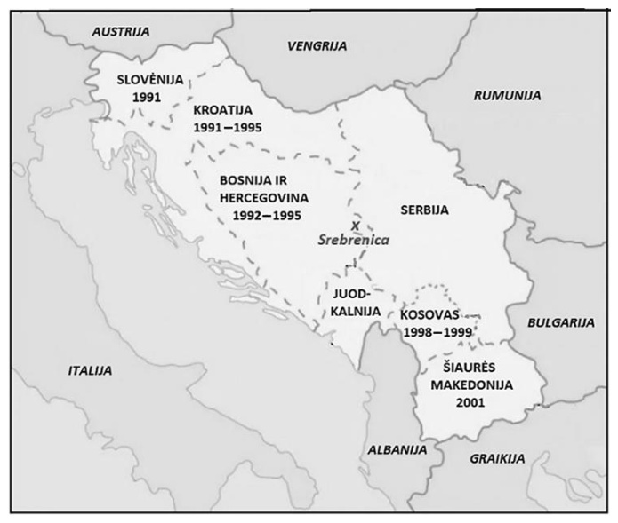 Žemėlapis: Balkanai XX a. pab. – XXI a. pr.: Slovėnija 1991, Kroatija 1991–1995, Bosnija ir Hercegovina 1992–1995, Serbija, Juodkalnija, Kosovas 1998–1999, Šiaurės Makedonija 2001, pažymėta Srebrenica