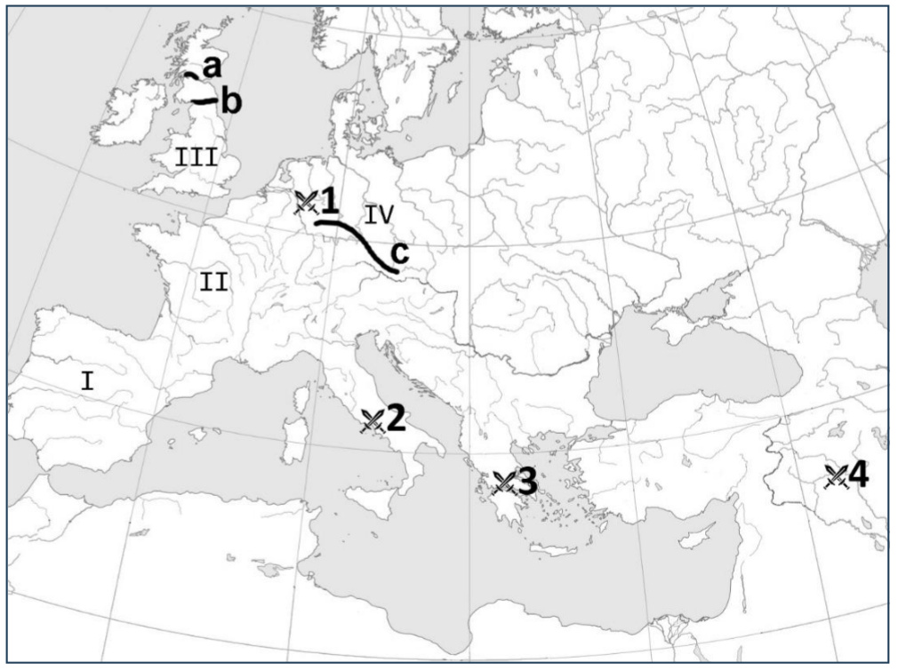 Europos žemėlapis: romėnų gynybinės sienos a, b, c, mūšių vietos 1–4 ir šių laikų valstybės, pažymėtos romėniškais skaičiais I–IV