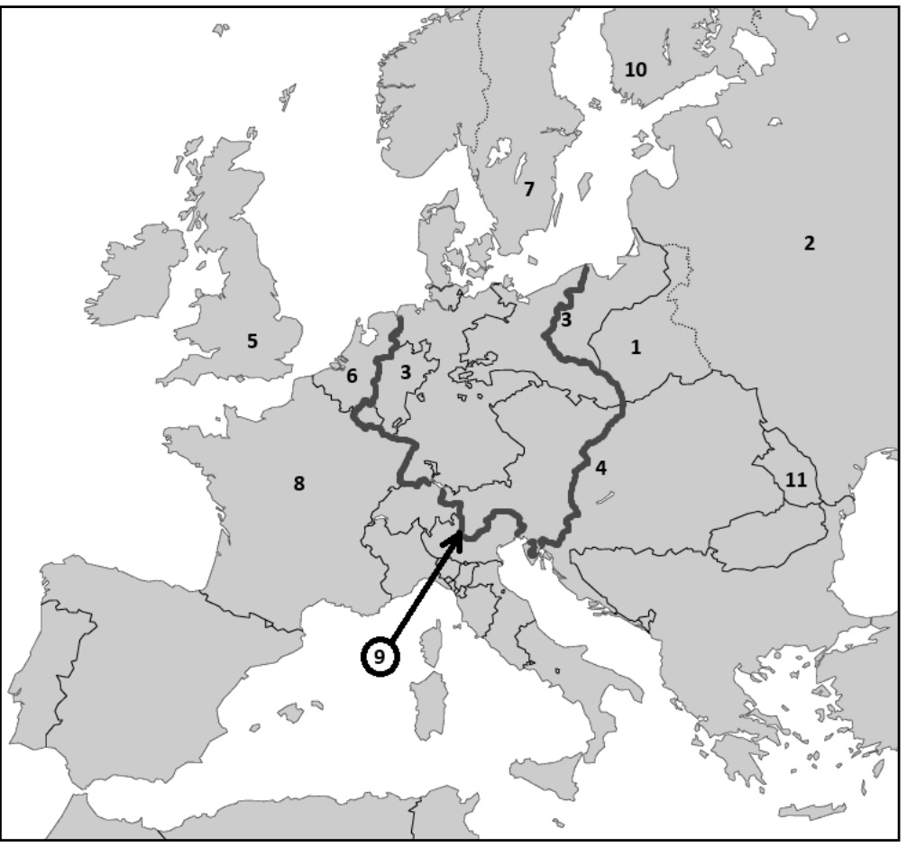 Europos valstybių politinis žemėlapis po 1815 m.: valstybės pažymėtos skaičiais 1–11, stora linija apibrėžtas politinis junginys